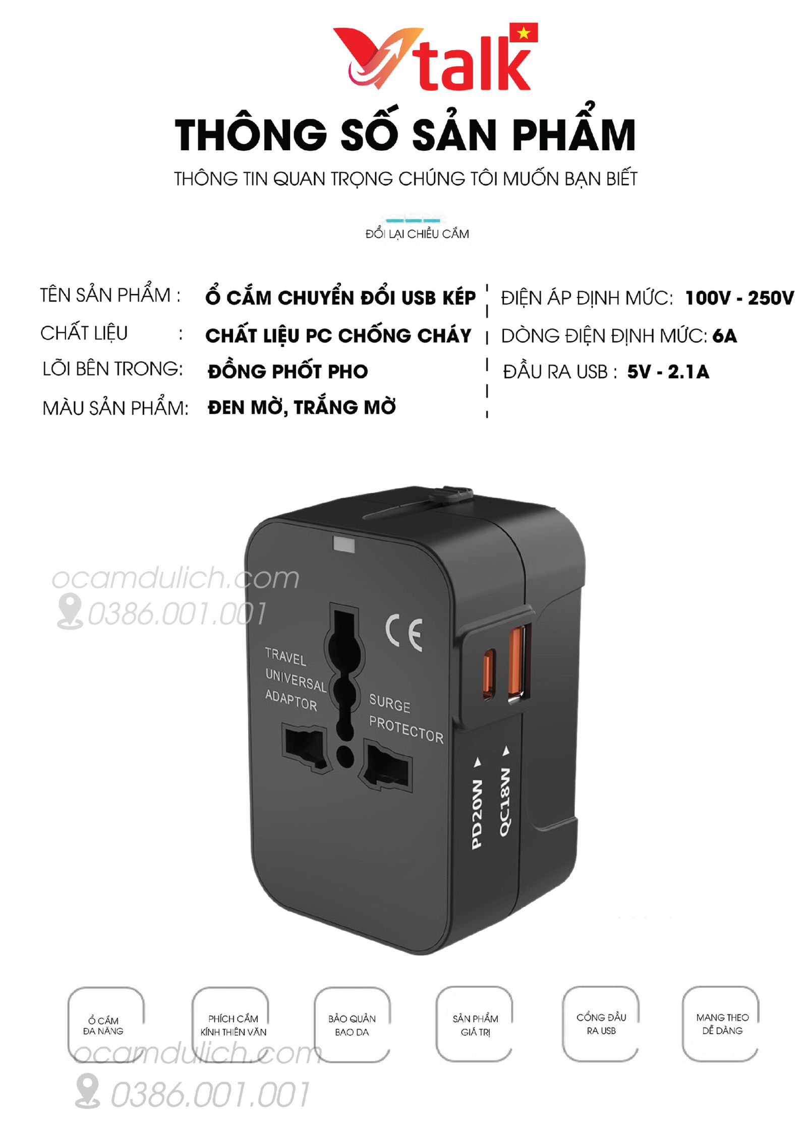 Củ Sạc nhanh Vihub F2 - Củ Sạc Du Lịch Đa Năng, Hỗ Trợ Sạc Nhanh, Có 1 Cổng USB Và 1 Type-C