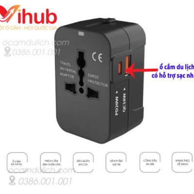 Củ Sạc nhanh Vihub F2 - Củ Sạc Du Lịch Đa Năng, Hỗ Trợ Sạc Nhanh, Có 1 Cổng USB Và 1 Type-C