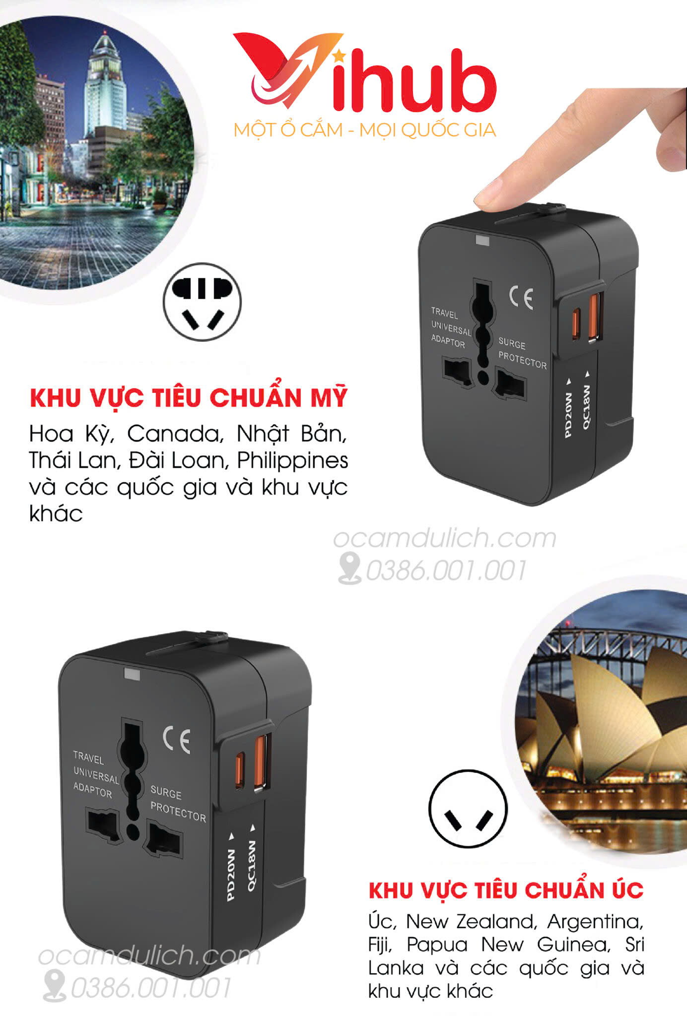 Củ Sạc nhanh Vihub F2 - Củ Sạc Du Lịch Đa Năng, Hỗ Trợ Sạc Nhanh, Có 1 Cổng USB Và 1 Type-C