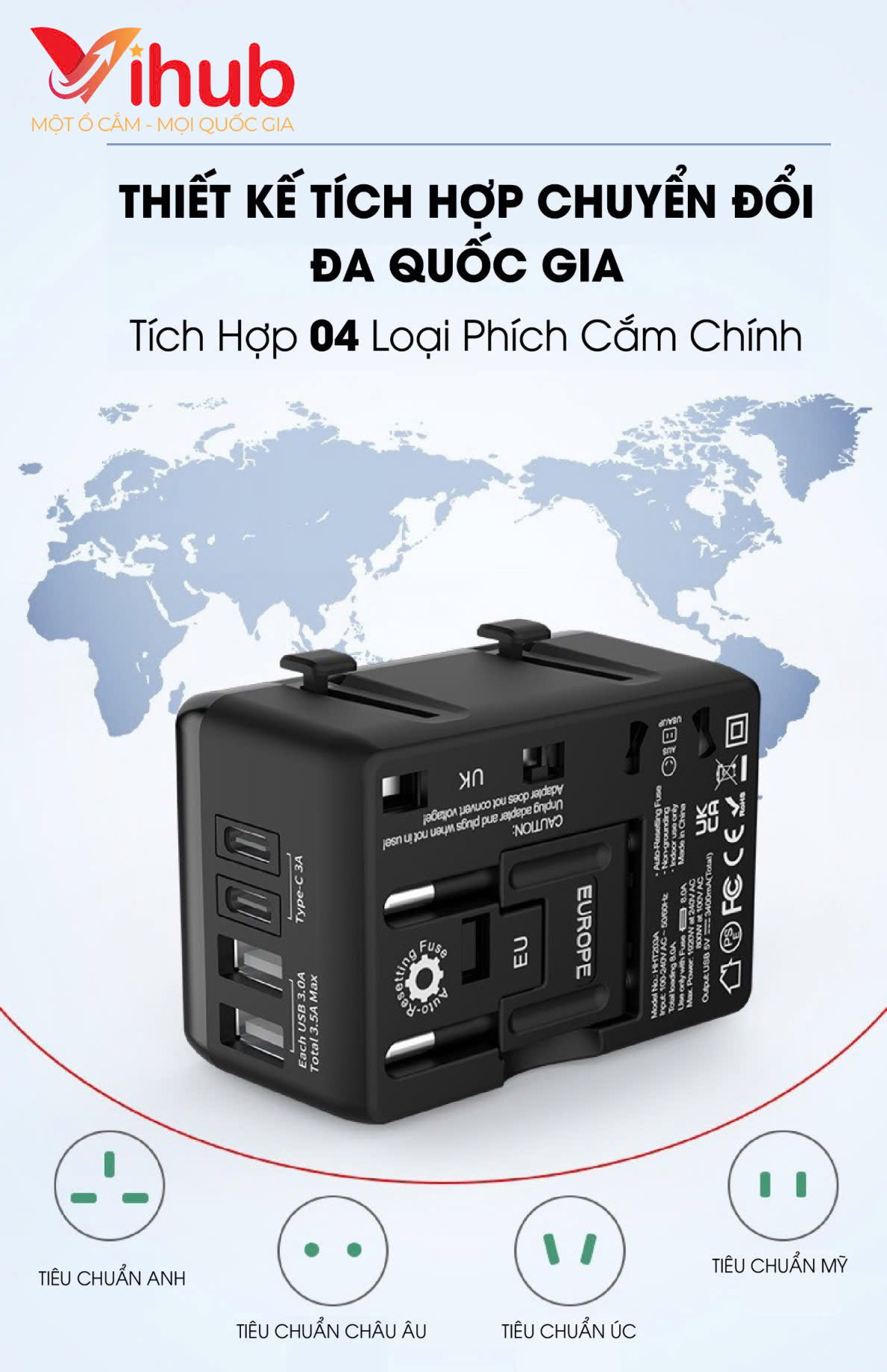 Củ Sạc nhanh Vihub F4 - Củ Sạc Du Lịch Đa Năng, Hỗ Trợ Sạc Nhanh, Có 2 Cổng USB Và 2 Type-C